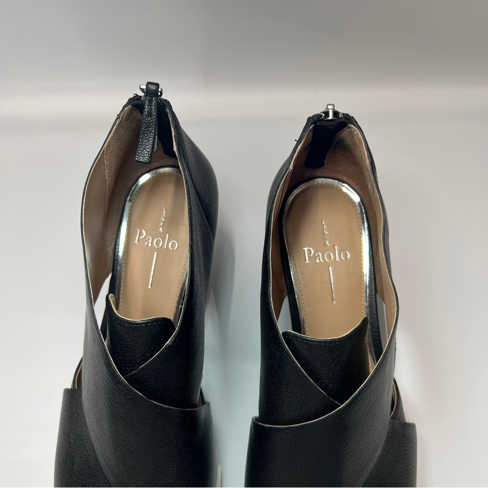 L PAOLO Women’s Size 10 Black Criss Cross Leather Strap Wedge Heel Sandal - Picture 8 of 8